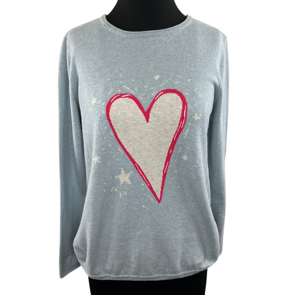 LISA TODD Light Blue Round Neck Long Sleeve Pullover Heart Knit Sweater Size M